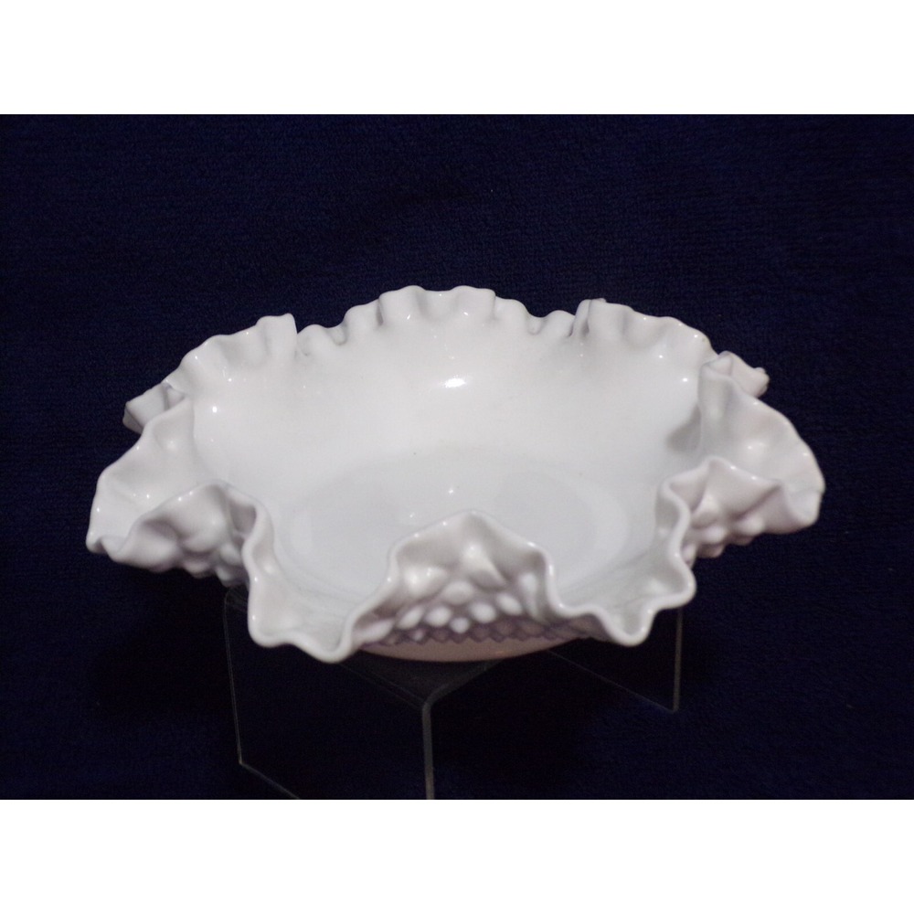 Vintage Fenton White Hobnail Milk Glass Candy Dish Ruffled Edge‎
